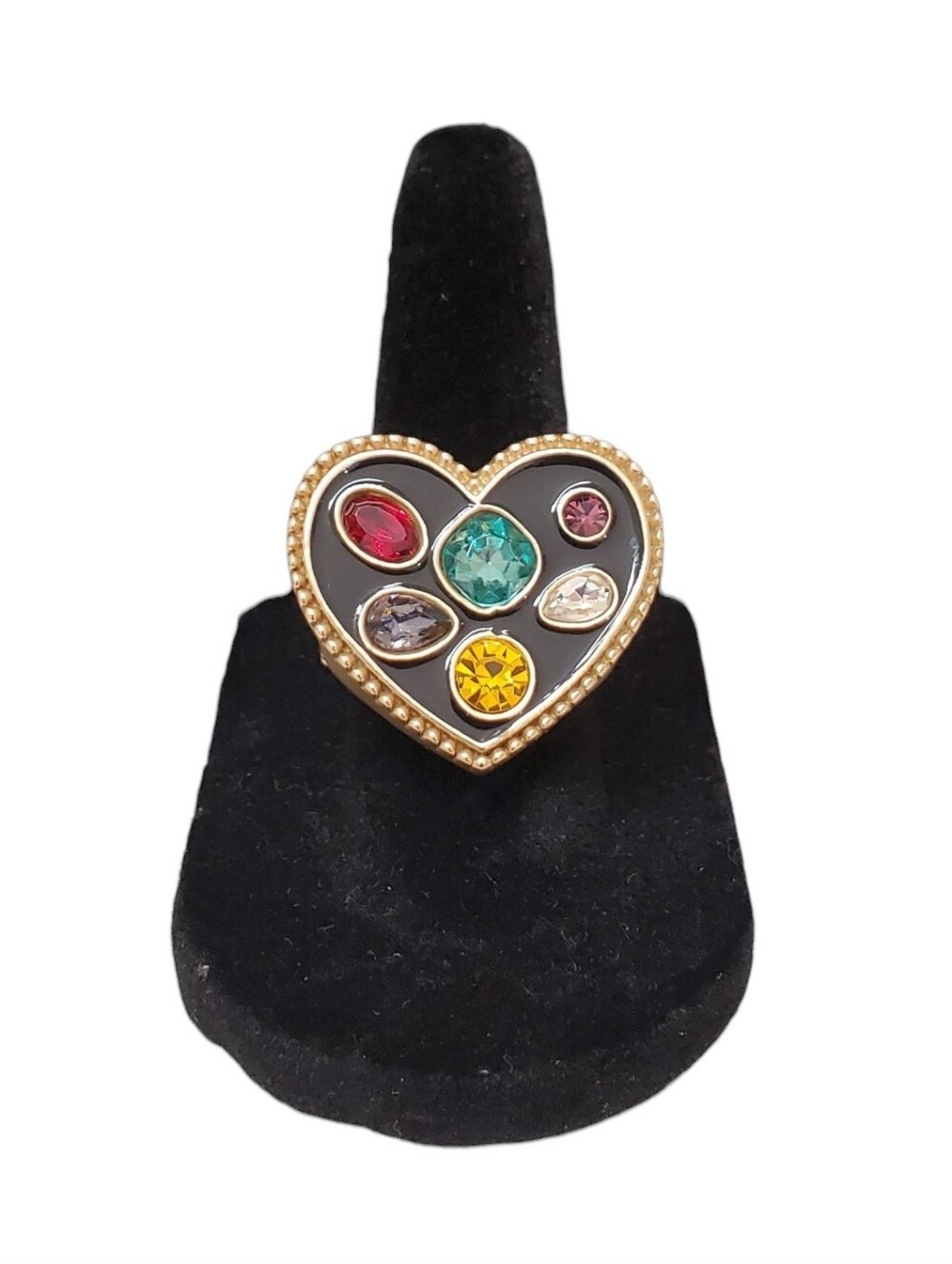 Estate Gold-Tone Black Enamel Multi-Color Glass Stone Heart Stretch Ring Size 7